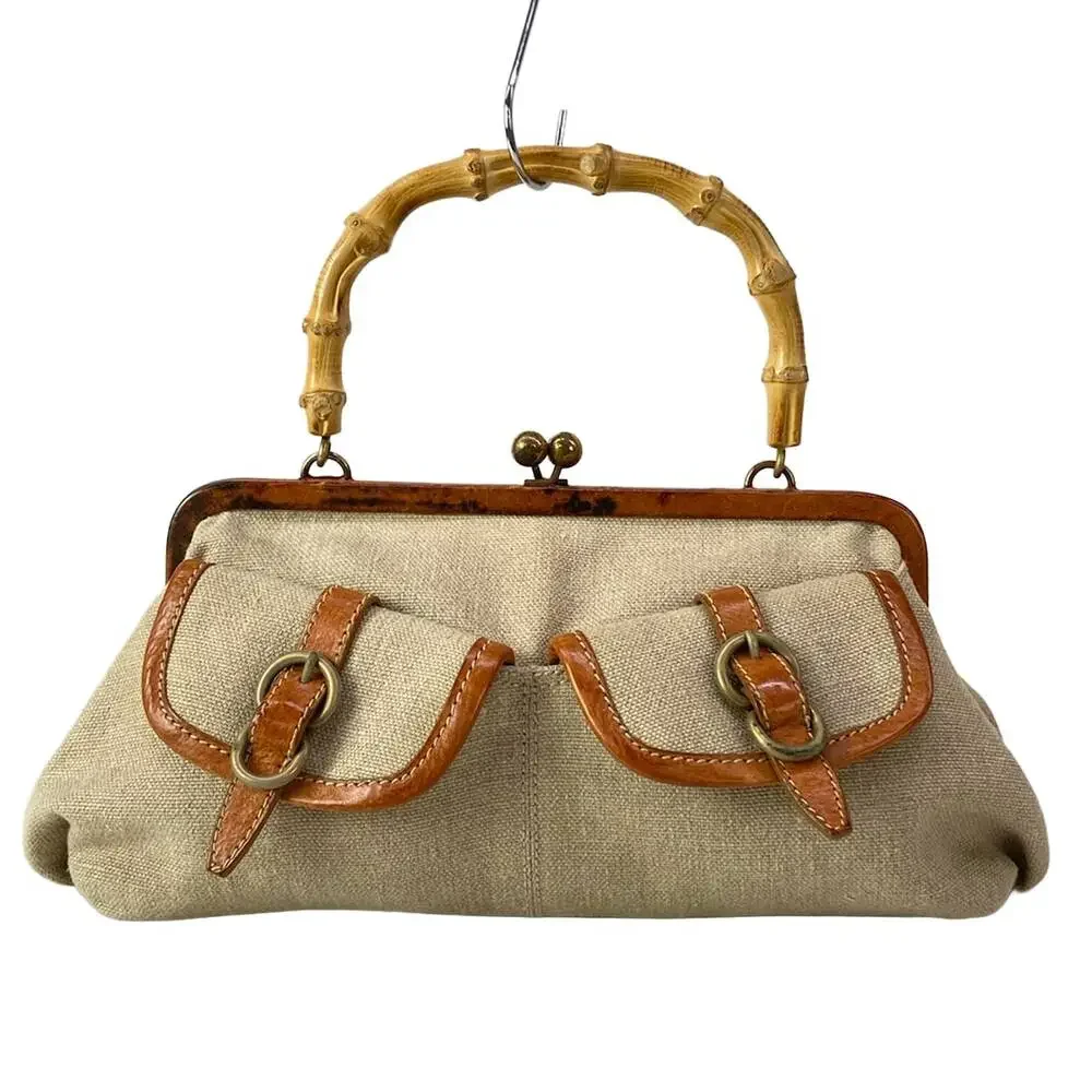 Miu Miu Handbag Beige Brown Canvas Leather Natural Fiber